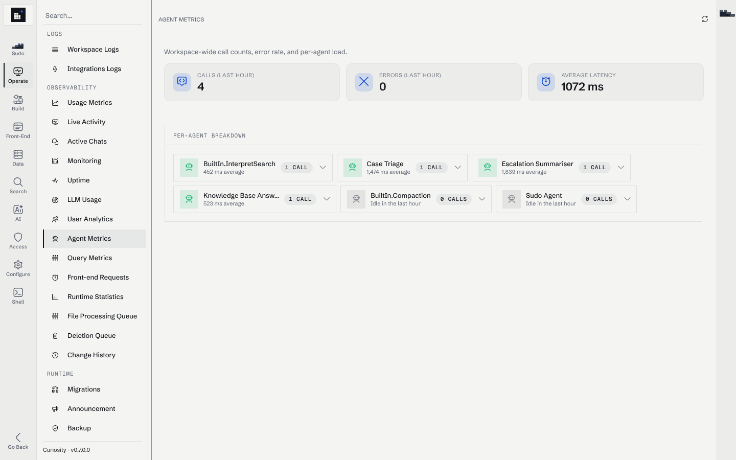 Agent Metrics with the last-hour rollup and one card per agent