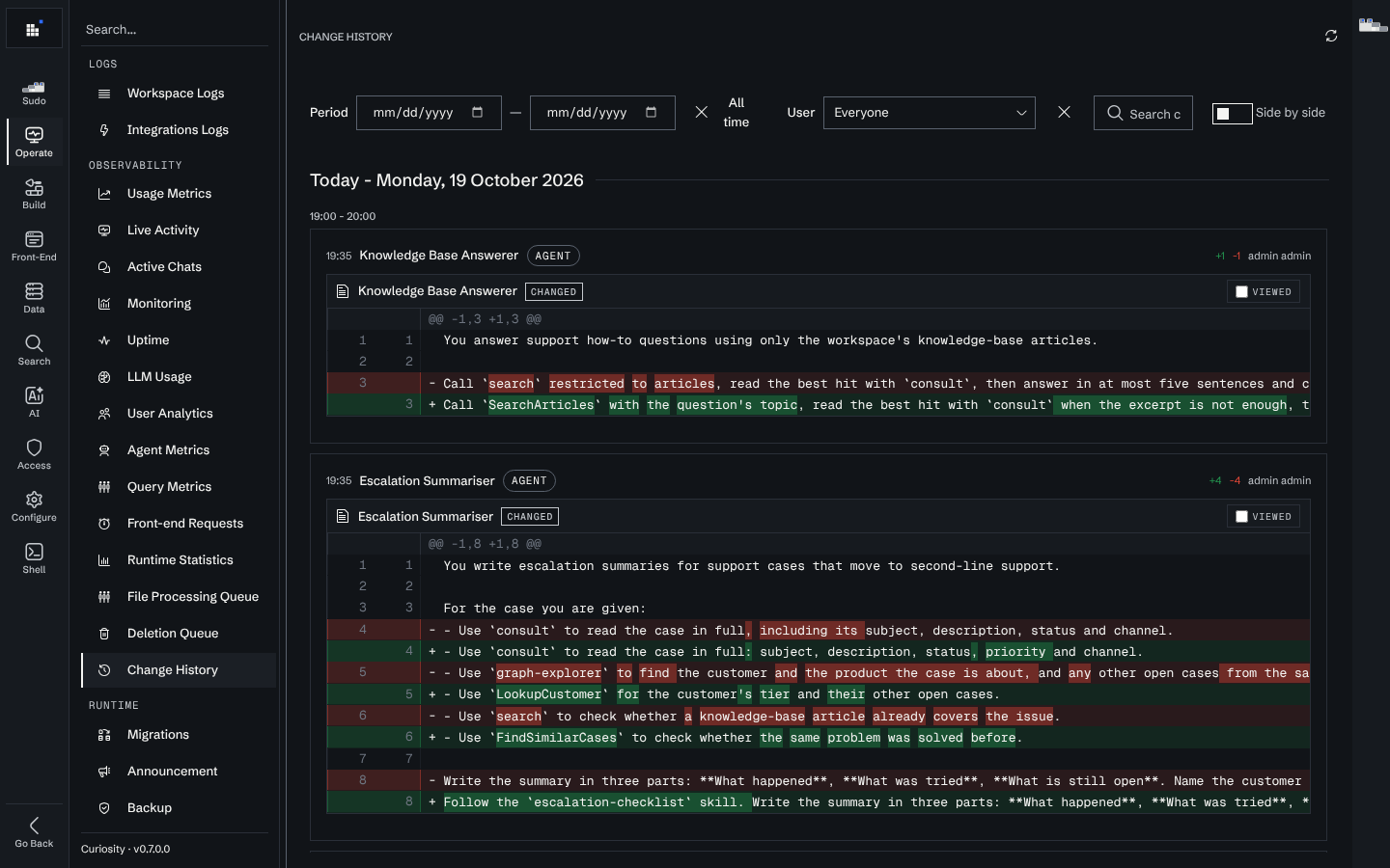 Change History listing a deleted scheduled task and a changed endpoint, each with its diff