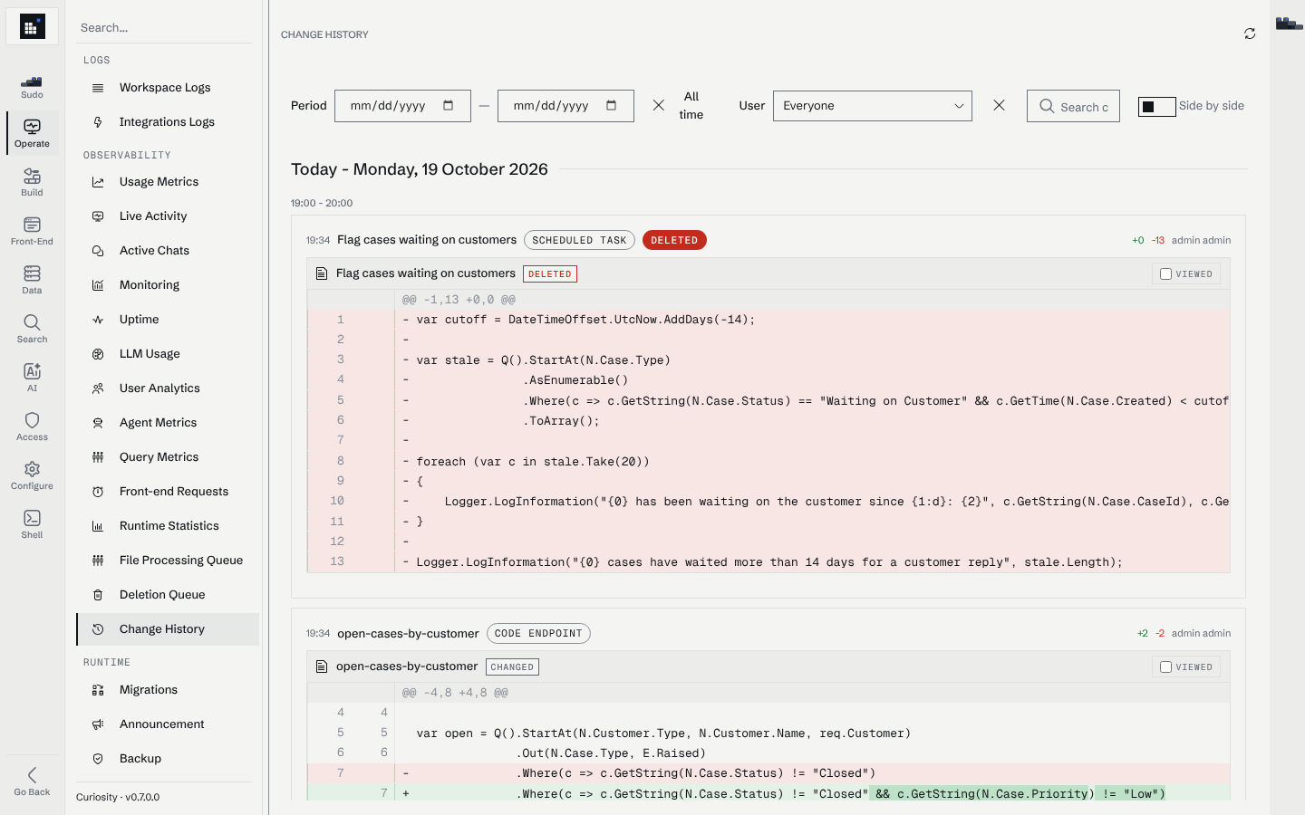 Change History listing a deleted scheduled task and a changed endpoint, each with its diff
