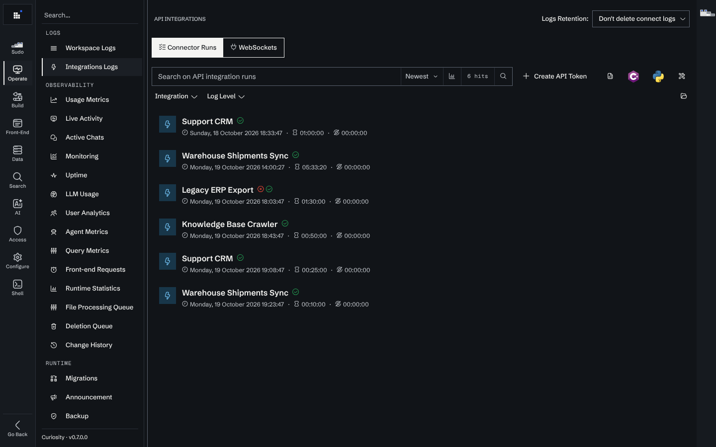 Integrations Logs, Connector runs tab, listing runs with start time, duration and a failed run