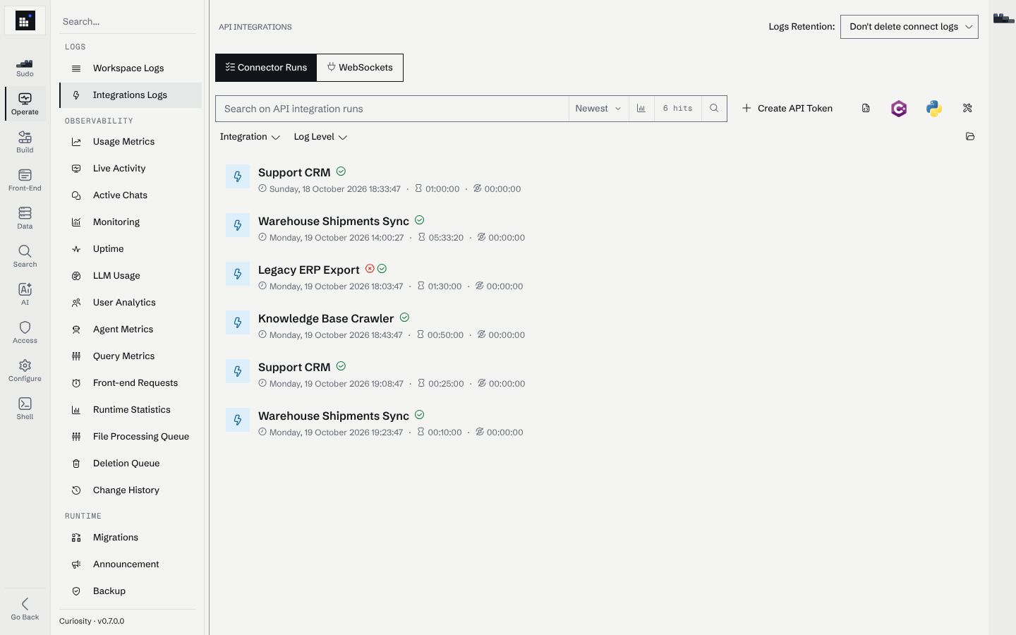 Integrations Logs, Connector runs tab, listing runs with start time, duration and a failed run