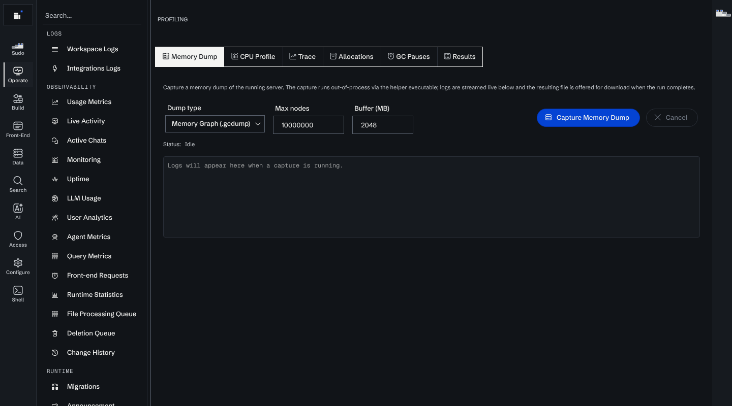 The Profiling page on the Memory Dump tab, with dump type, max nodes, buffer size and the Capture Memory Dump button