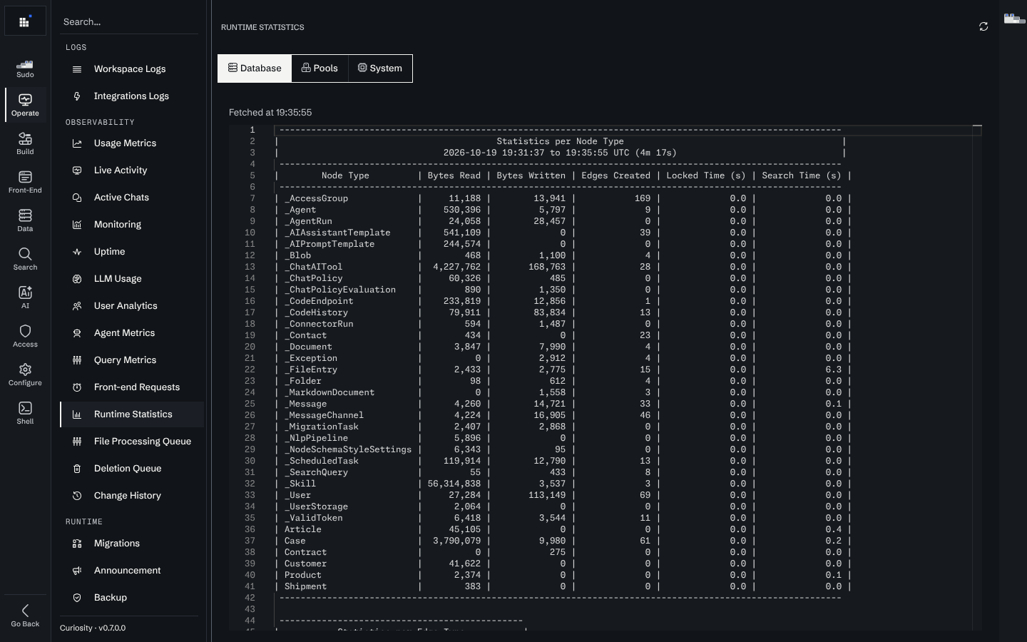 Runtime Statistics, Database tab, with the per-node-type table and the reporting window printed under its title