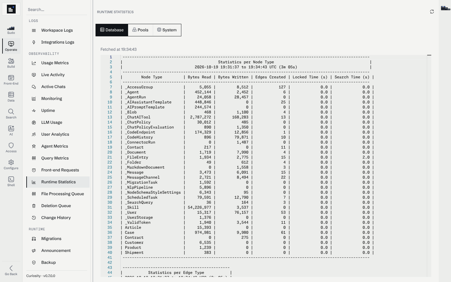 Runtime Statistics, Database tab, with the per-node-type table and the reporting window printed under its title
