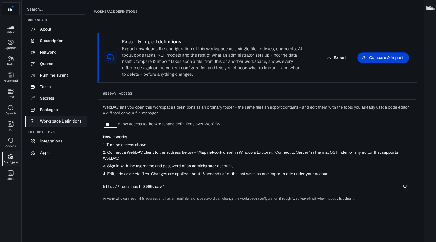 The Workspace Definitions page with the Export and Compare & import buttons and the WebDAV access section