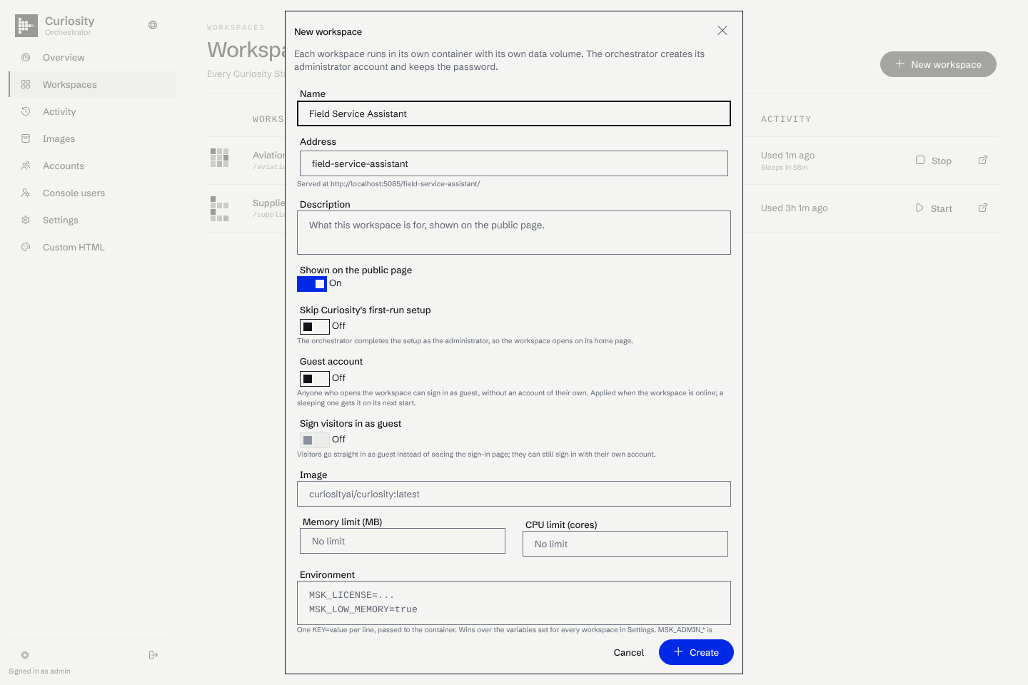 The New workspace form with name, address, description, guest account options, image, limits and environment