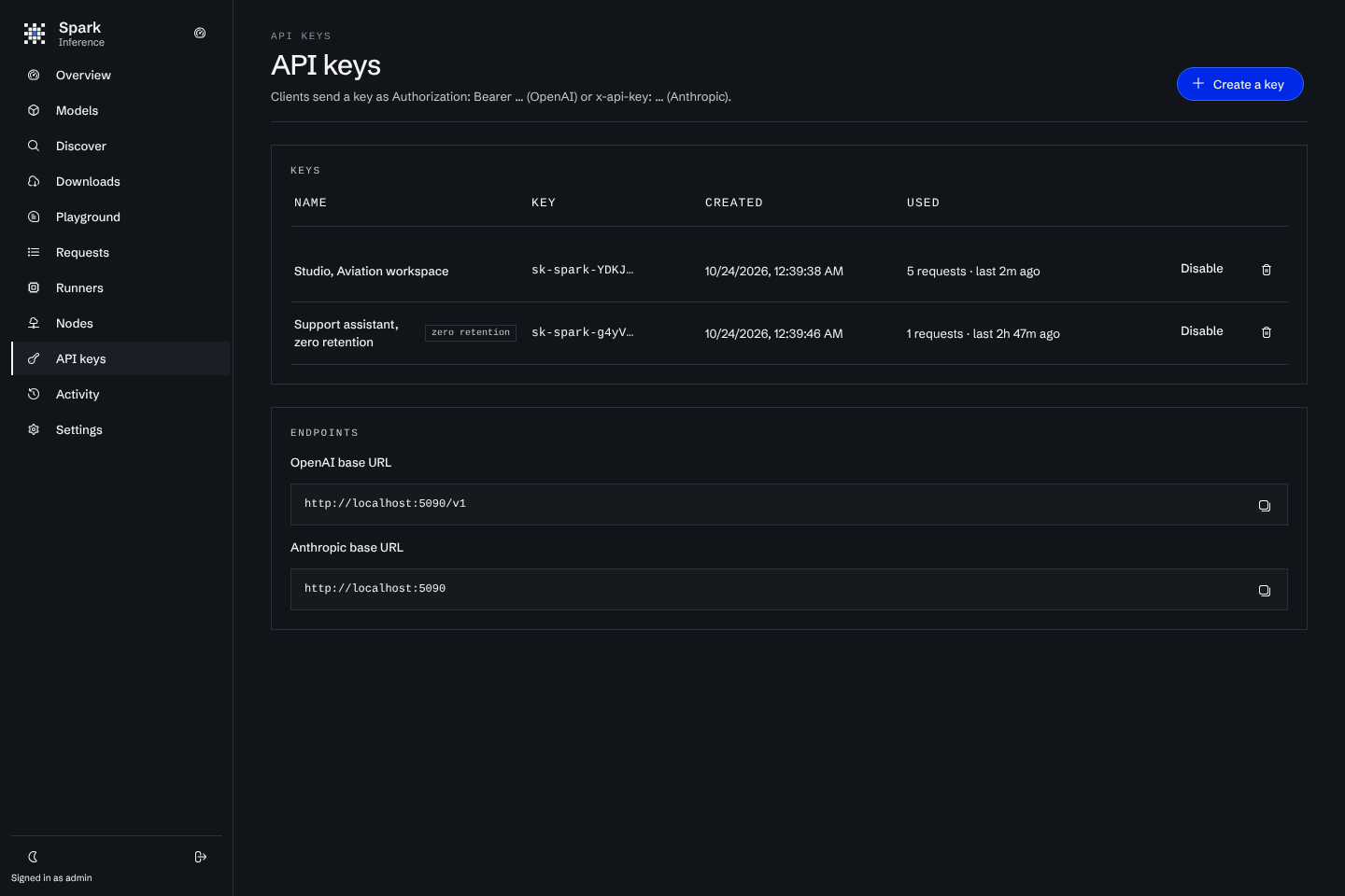 The API keys page with two keys, one with zero retention, and the base URLs for both APIs
