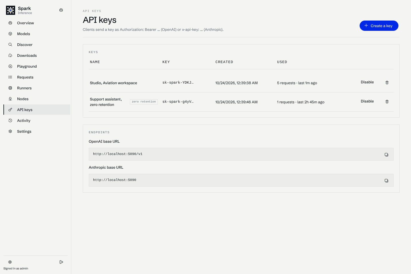 The API keys page with two keys, one with zero retention, and the base URLs for both APIs