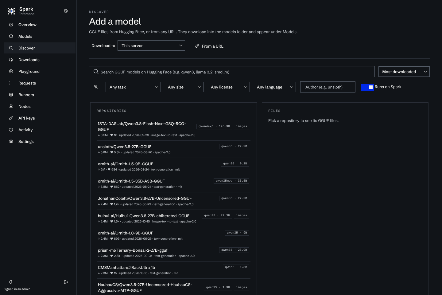 The Discover page with the Hugging Face search, its filters and the Runs on Spark switch
