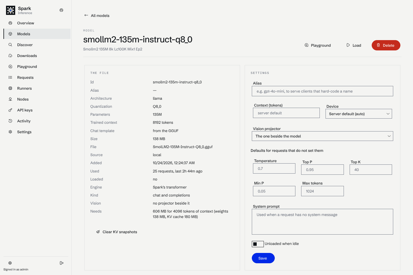 A model page: the file details on the left and the settings on the right