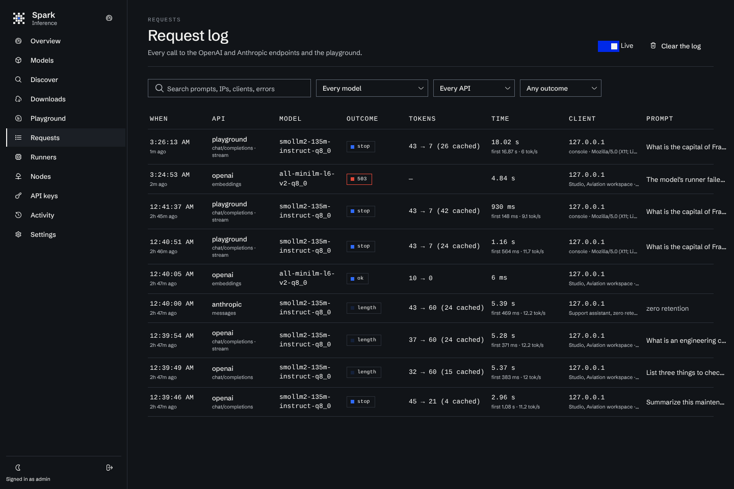 The request log with OpenAI, Anthropic and embeddings requests, their tokens, timings and clients