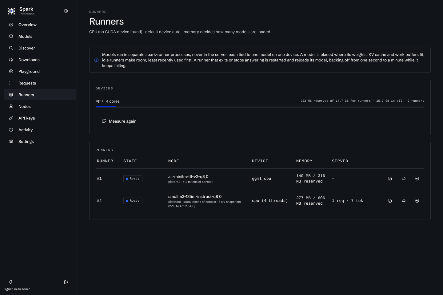 The Runners page with the CPU device and two ready runners