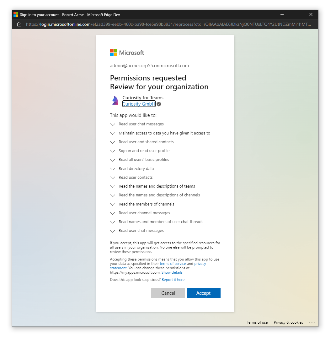 The permissions review popup