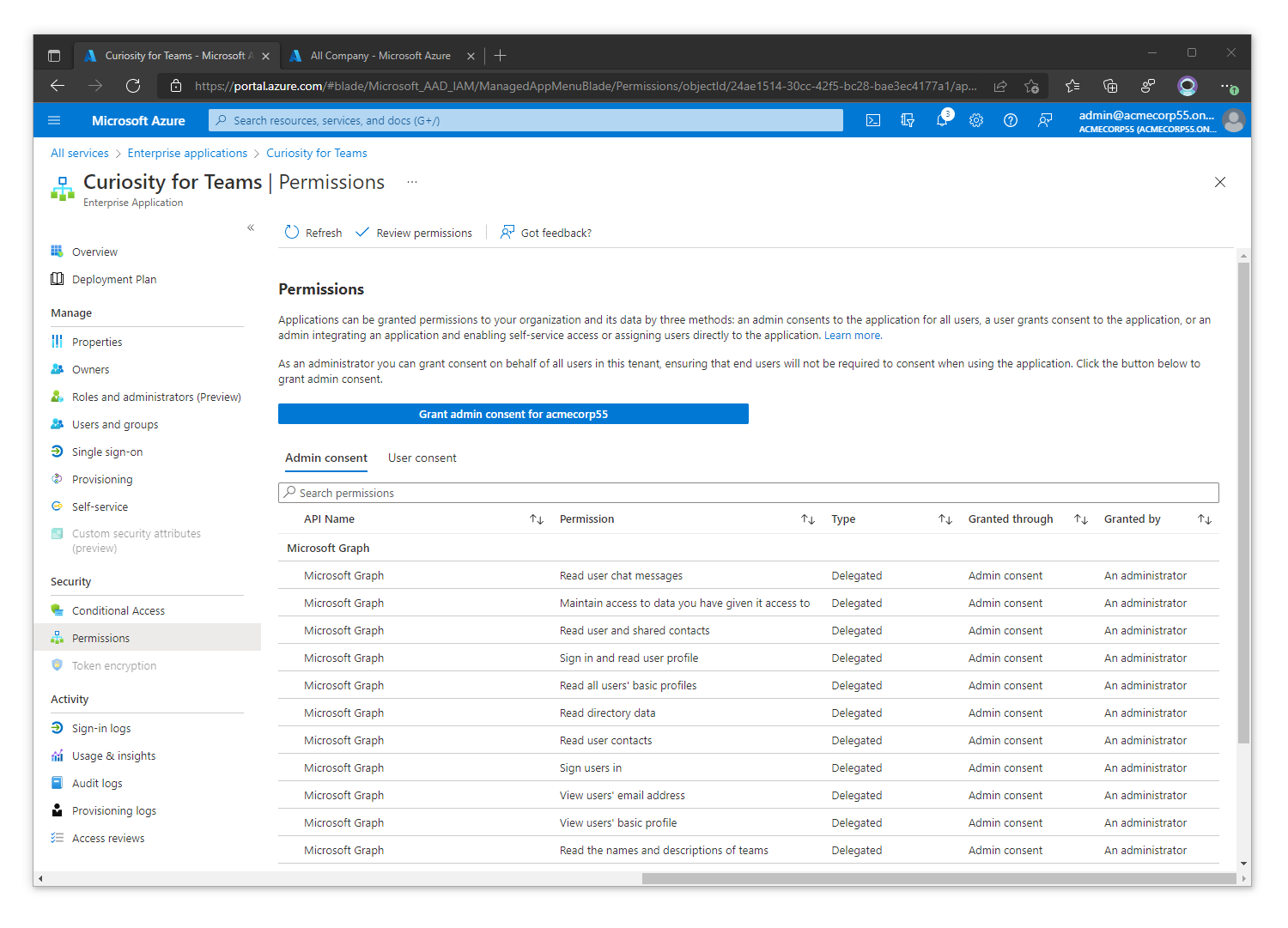 Permissions granted through admin consent