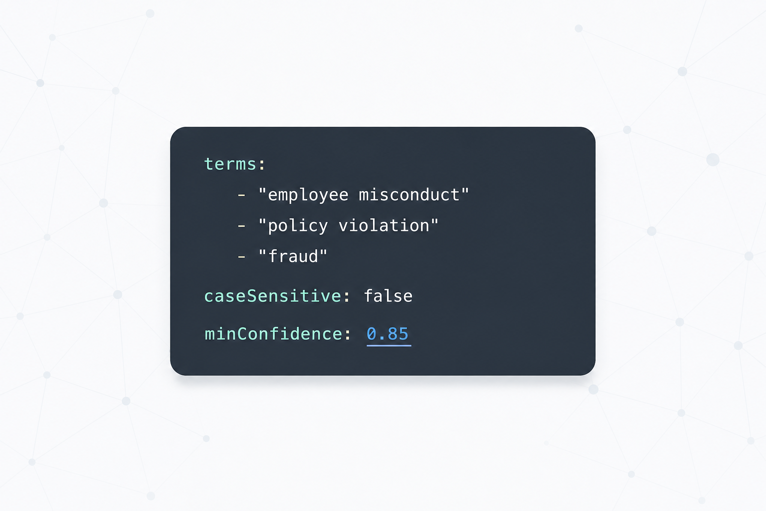 A centered rounded YAML configuration panel with syntax-highlighted keys and a highlighted confidence threshold value.