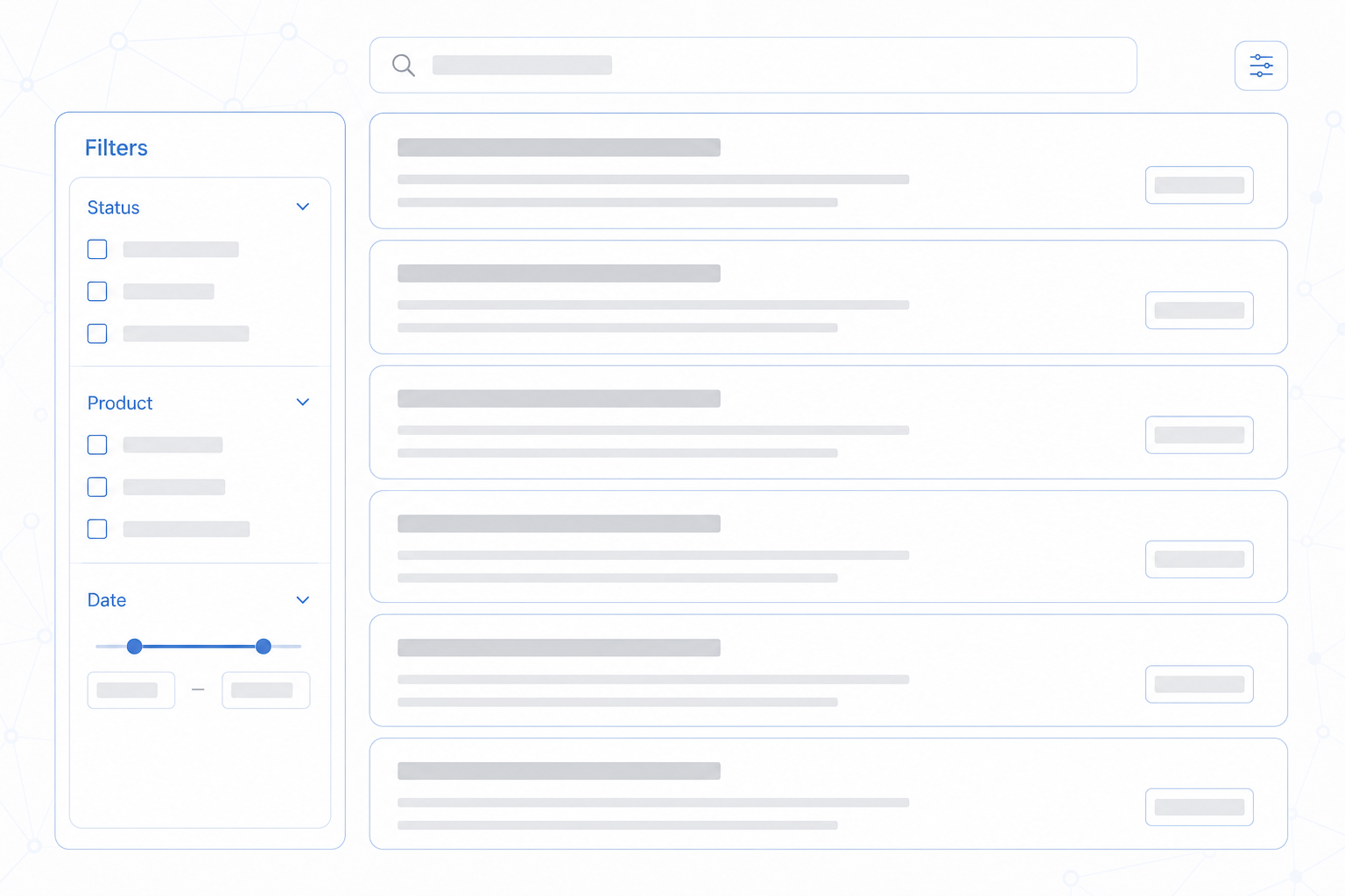 Wireframe of a search-results UI with filters and result rows on a light background.