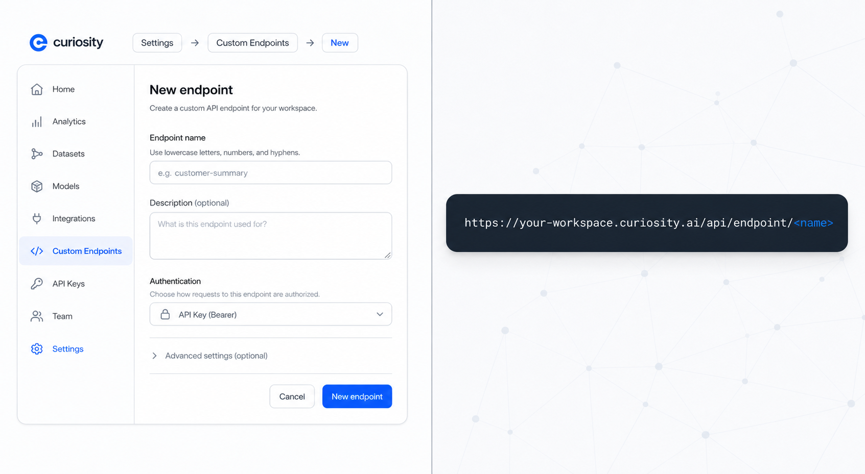 Split-screen slide showing Curiosity Settings UI and URL pattern for custom endpoints.